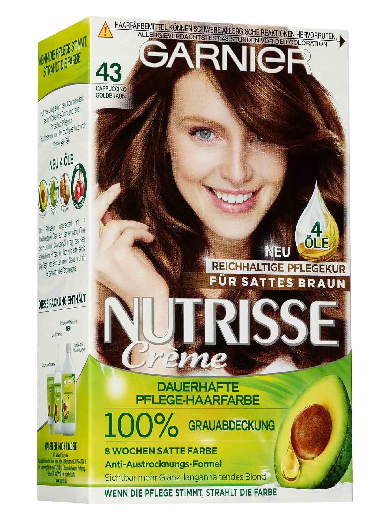 43CappuccinoGoldbraunDauerhaftePflegeHaarfarbeNutrisseCreme1StkVorderseiteGarnierDeutschland-gr